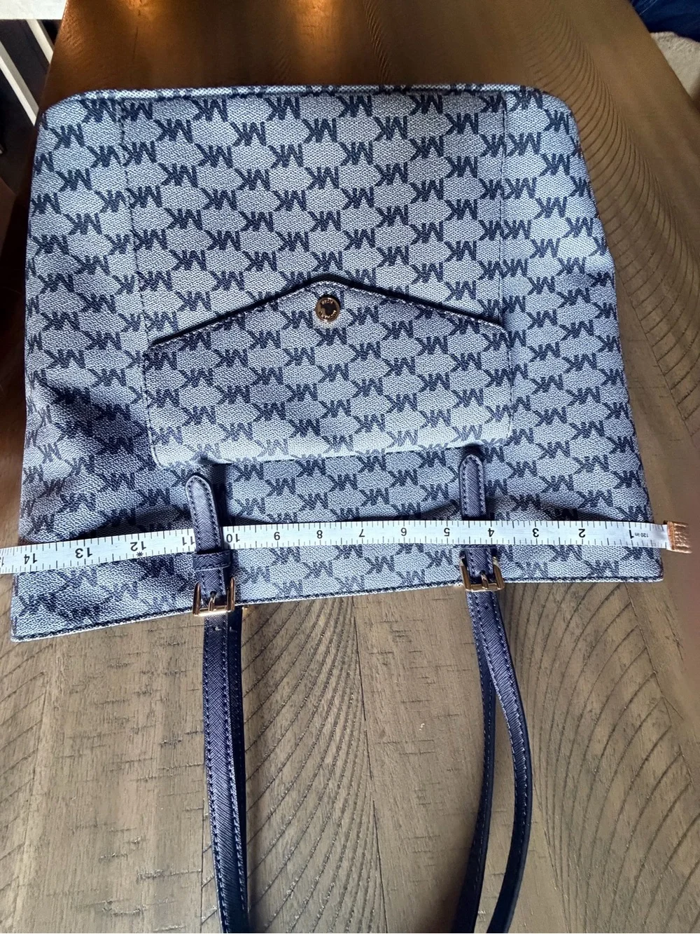 Michael Kors Jet Set Blue MK Monogram Jacquard Flap Pocket Tote Bag